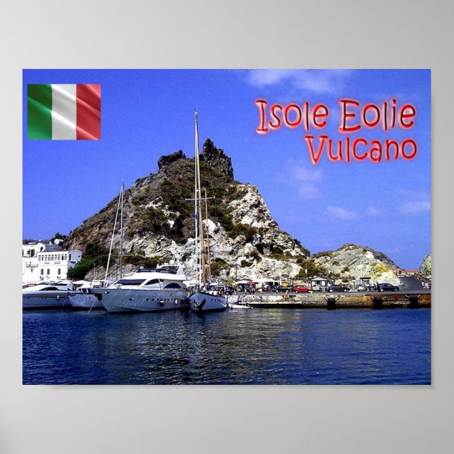 Affiche Italie - Îles Éoliennes - Volcan - Port - (Devant)