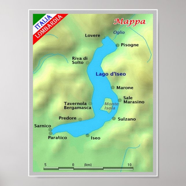 Affiche Italie - Lombardie - Lac d'Iseo - Carte - (Devant)