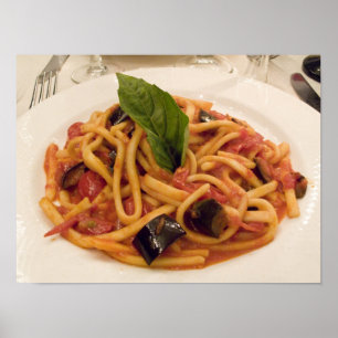 Affiche Italie, Positano. Assiette de pâtes et aubergine.