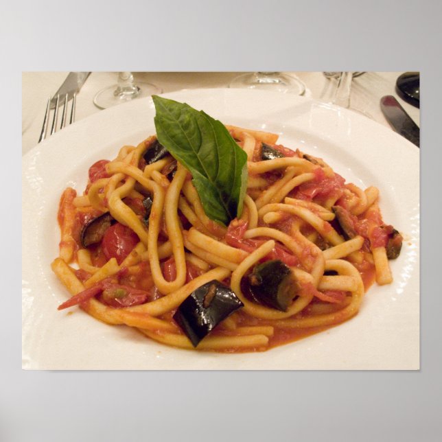 Affiche Italie, Positano. Assiette de pâtes et aubergine. (Devant)