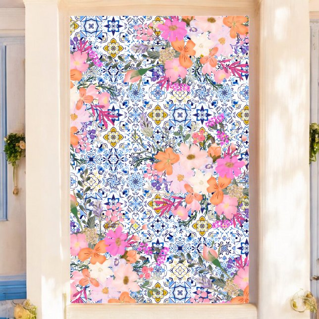 Affiche Italien bleu carrelage aquarelle floral nuptiale (Italian blue tile watercolor floral bridal poster)