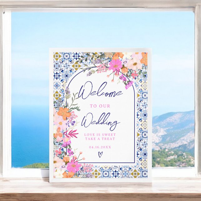 Affiche Italien carrelage bleu chic mariage accueil (Italian blue tile floral chic wedding welcome poster)