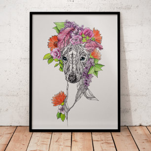 Affiche Italien greyhound whippet chien portrait fleurs ar
