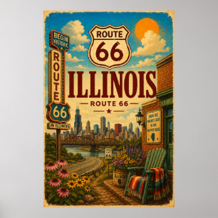 Affiche Itinéraire Rétro 66 Illinois Chicago Jardin Voyage