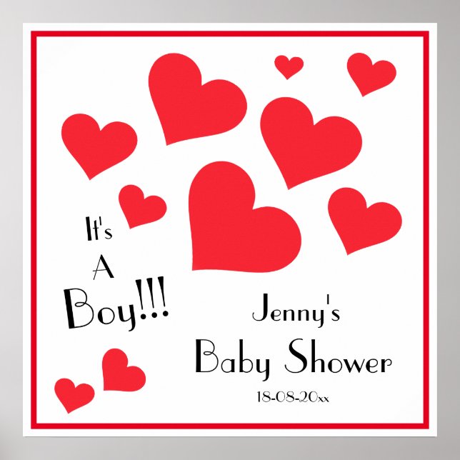 Affiche It's A Boy! Happy Red Hearts Custom Baby Shower (Devant)
