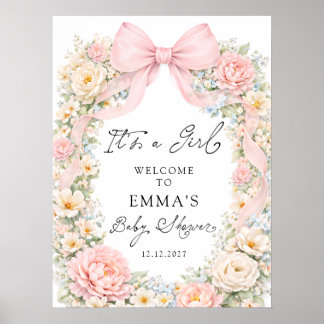 Affiche It's a Girl Pink Bow Garden Baby Shower Welcome