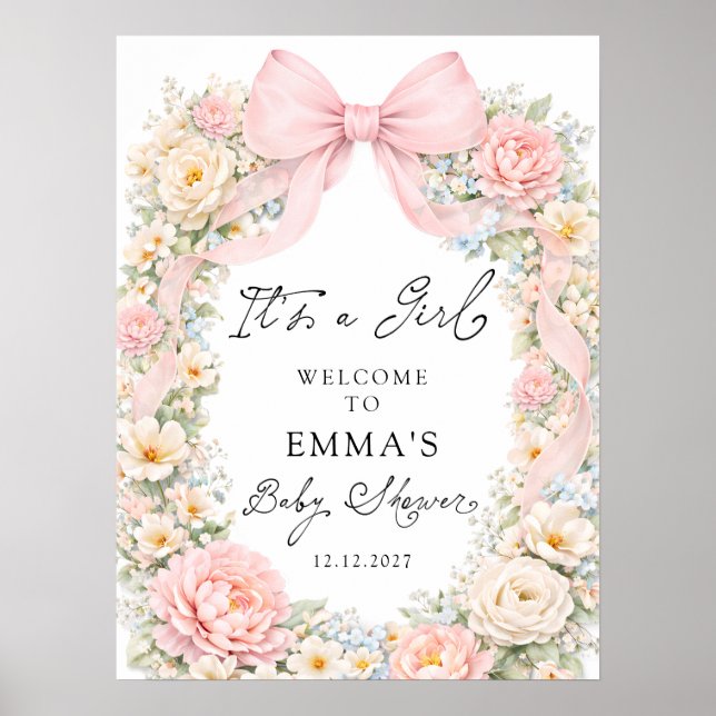 Affiche It's a Girl Pink Bow Garden Baby Shower Welcome (Devant)