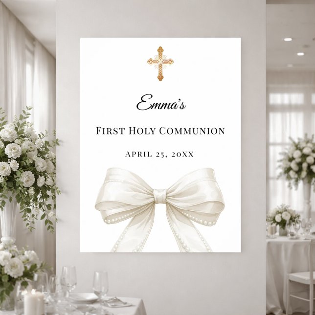 Affiche Ivory bow pearls First Holy Communion welcome (Créateur téléchargé)