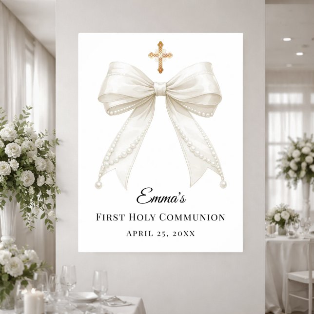 Affiche Ivory bow pearls First Holy Communion welcome (Créateur téléchargé)