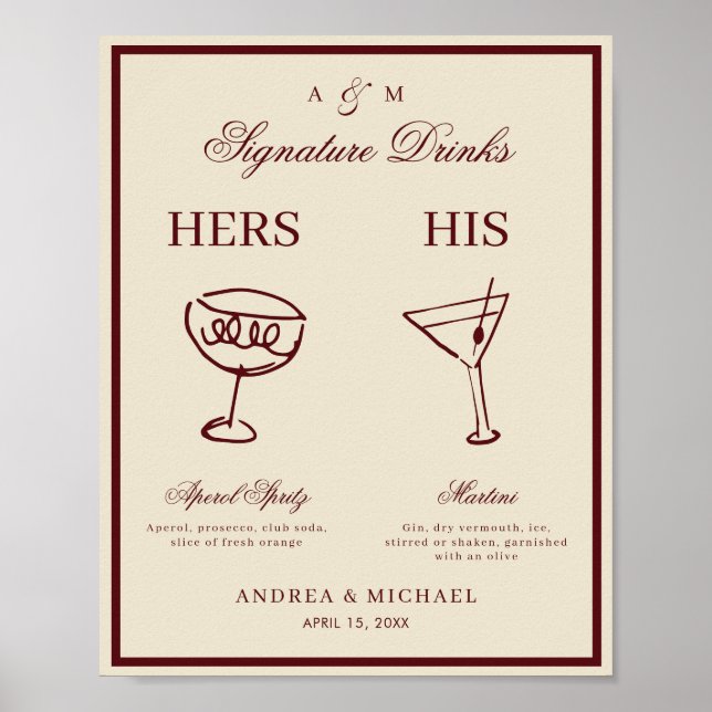 Affiche Ivory & Burgundy Retro Signature Drinks Sign (Devant)
