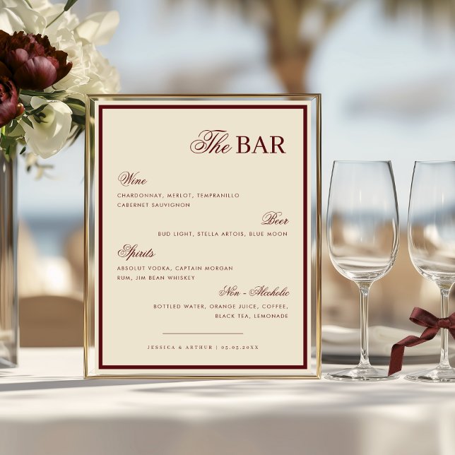 Affiche Ivory & Burgundy The Wedding Bar Drink Menu Sign (Créateur téléchargé)