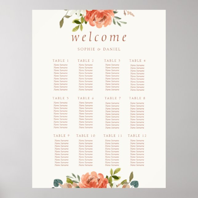 Affiche Ivory Floral Aquarelle 12 Table Mariage (Devant)