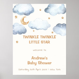 Affiche Ivory Moon Stars Twinkle Boy Baby shower Bienvenue