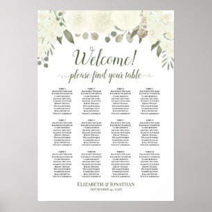 Affiche Ivory White Roses 12 Table Wedding Seating Chart