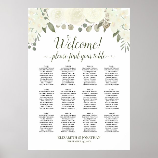 Affiche Ivory White Roses 12 Table Wedding Seating Chart (Devant)
