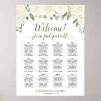 Ivory White Roses 12 Table Wedding Seating Chart