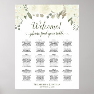 Affiche Ivory White Roses 12 Table Wedding Seating Chart