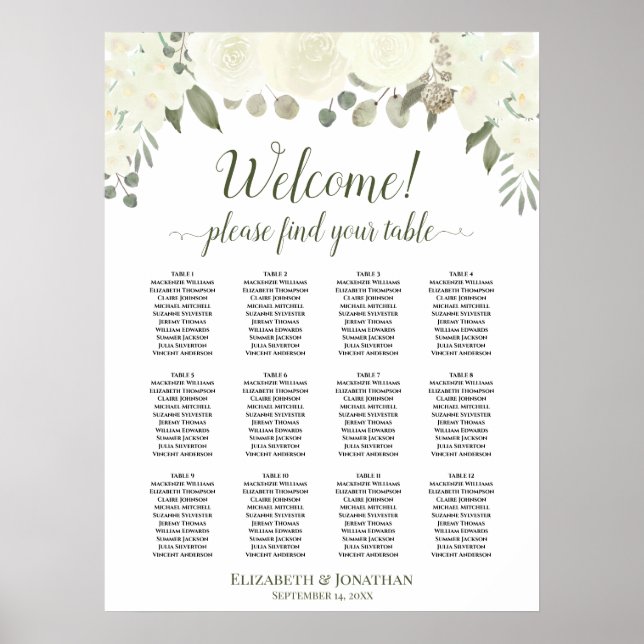 Affiche Ivory White Roses 12 Table Wedding Seating Chart (Devant)