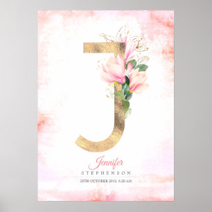 Affiche J Letter Monogram Gold Leaves Pink Magnolia Floral