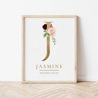 Affiche J Lettre Monogramme Nom Marsala Floral Nursery