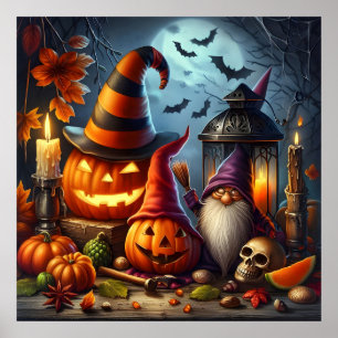 Affiche Jack-O-Lanterns éffrayant avec Gnome, Crâne et cha