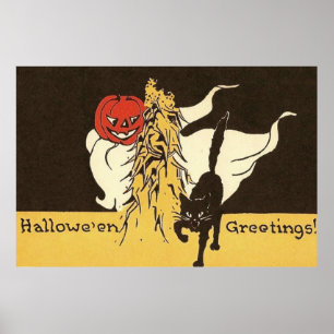 Affiche Jack O'Lantern Fantôme Chat Noir Cornstalk