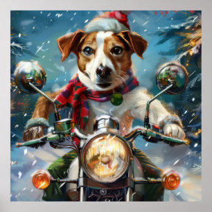 Affiche Jack Russell Chien équitation Moto Noël