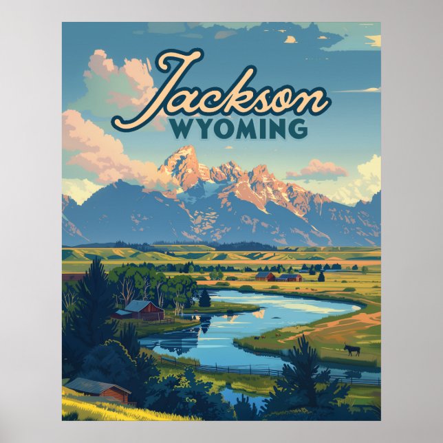 Affiche Jackson Hole Wyoming Ranch Tetons Mountains Retro (Devant)
