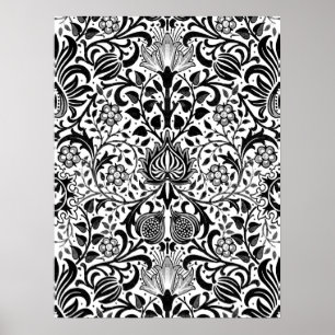 Affiche Jacobean Floral Damask, noir, blanc et pots gris