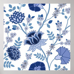 Affiche Jacobean Floral Lg Motif Bleu sur Blanc