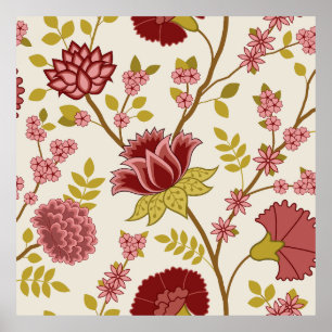 Affiche Jacobean Floral Lg Motif Reds Pinks Gold Crème