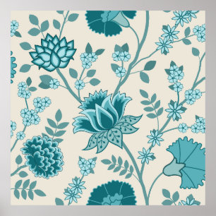 Affiche Jacobean Floral Lg Motif Teals sur Crème