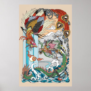 Affiche Jade Dragon and Gold Phoenix playing with a pearl