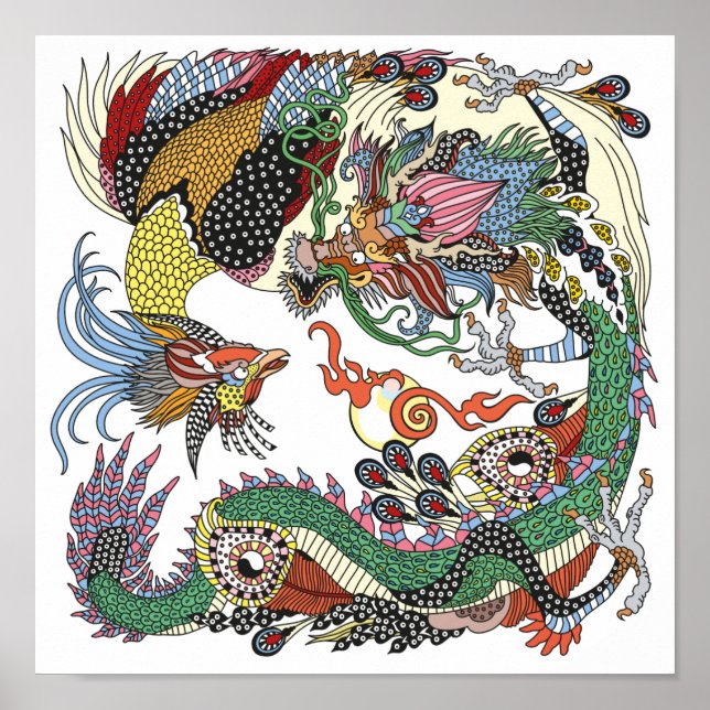 Affiche Jade Dragon and Gold Phoenix playing with a pearl (Devant)