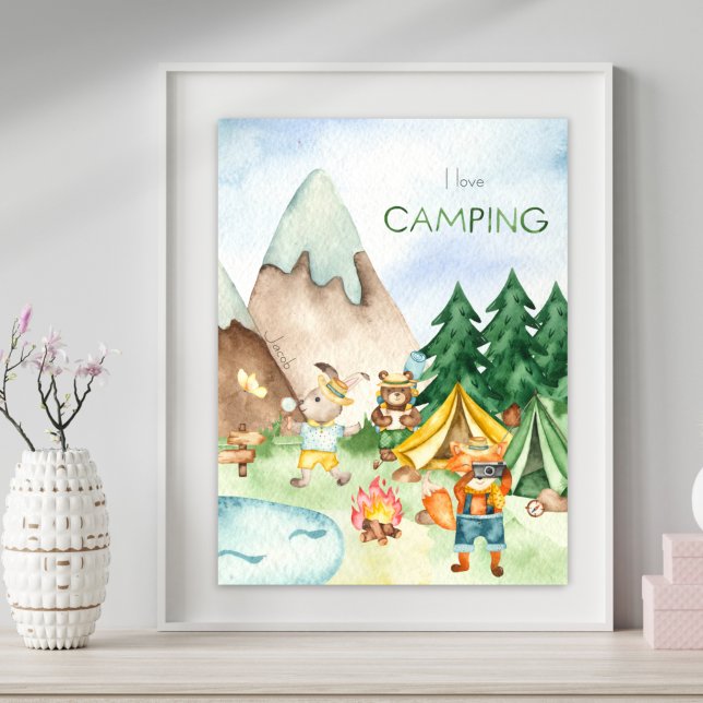 Affiche J'adore le camping Animaux de la forêt enfant aqua (Créateur téléchargé)