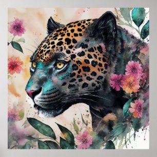 Affiche Jaguar Aquarelle Florale