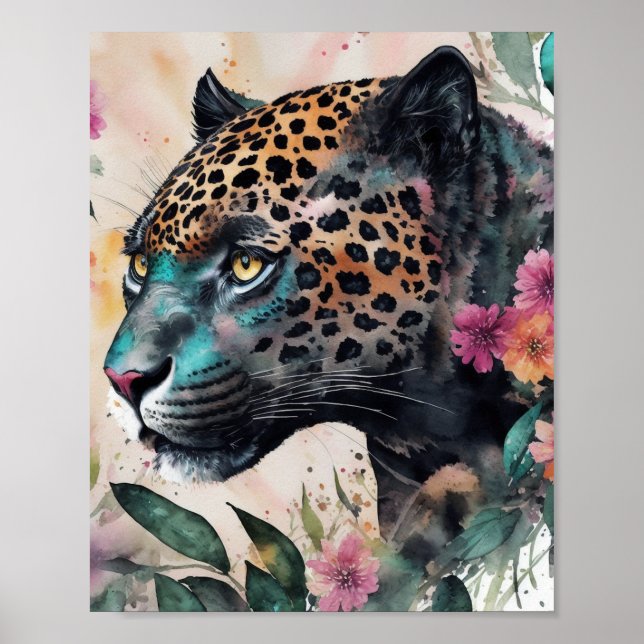 Affiche Jaguar Aquarelle Florale (Devant)
