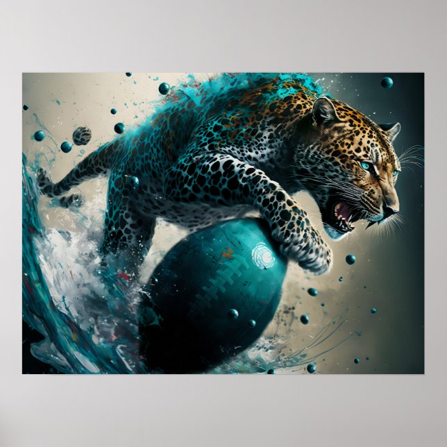 Affiche Jaguar turquoise et football (Devant)