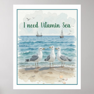 Affiche J'ai besoin de vitamine mer, Citation de plage amu