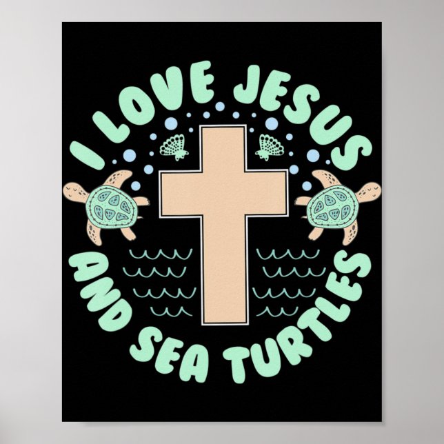 Affiche J'aime Jésus & Tortues de mer Foi chrétienne Croix (Devant)