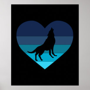 Affiche J'aime les loups hurleurs rétro cœur