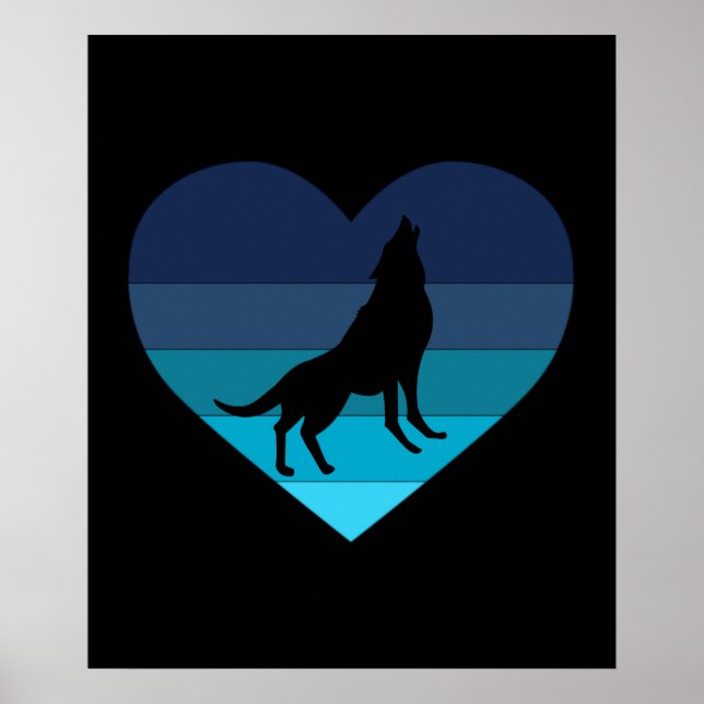 Affiche J'aime les loups hurleurs rétro cœur (Devant)