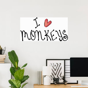 Affiche J'aime les singes, typographie manuscrite mignonne