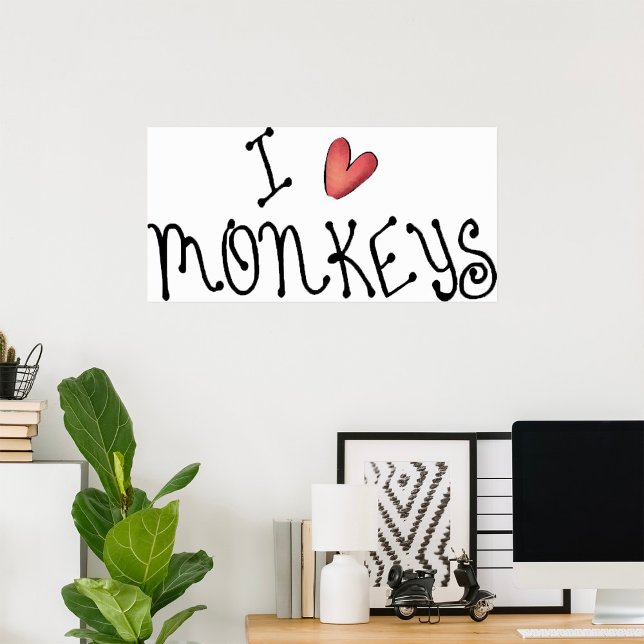 Affiche J'aime les singes, typographie manuscrite mignonne (Créateur téléchargé)