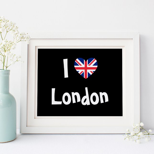 Affiche J'aime Londres (Black and White I Love London with Union Jack Heart Shape)