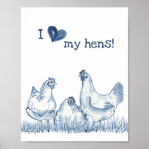 Affiche J'Aime Mes Poules Bleu Poulet Peinture Rustique De