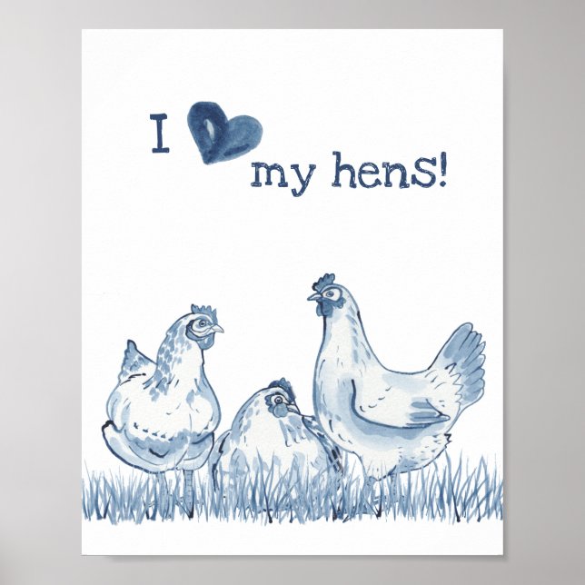 Affiche J'Aime Mes Poules Bleu Poulet Peinture Rustique De (Devant)