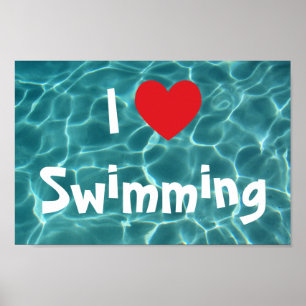 Affiche J'aime Nager Cœur Rouge avec Eau de Piscine Aqua