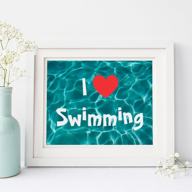 Affiche J'aime Nager Cœur Rouge avec Eau de Piscine Aqua (I Love Swimming Red Heart with Aqua Pool Water Poster)