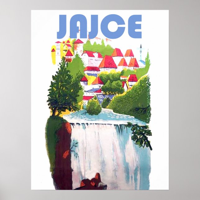 Affiche Jajce, cascades Bosnie, Yougoslavie, vintage (Devant)